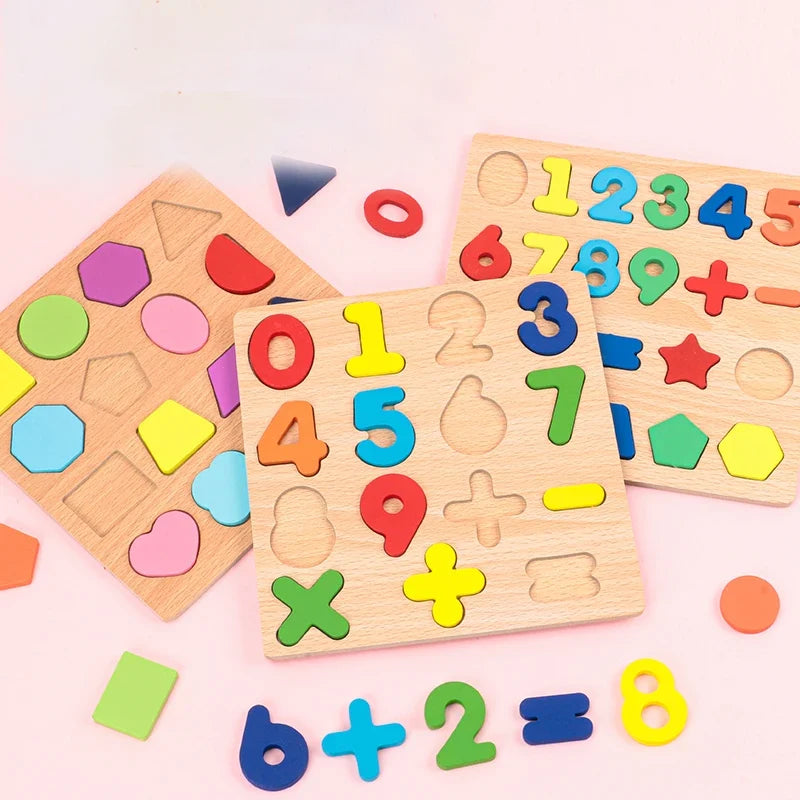 Kids Alphabetic Arithmetic Number Geometric Shapes Wooden Puzzle Montessori Preschool Learning Educational Game Toy for Children - LittleLullabyLoft