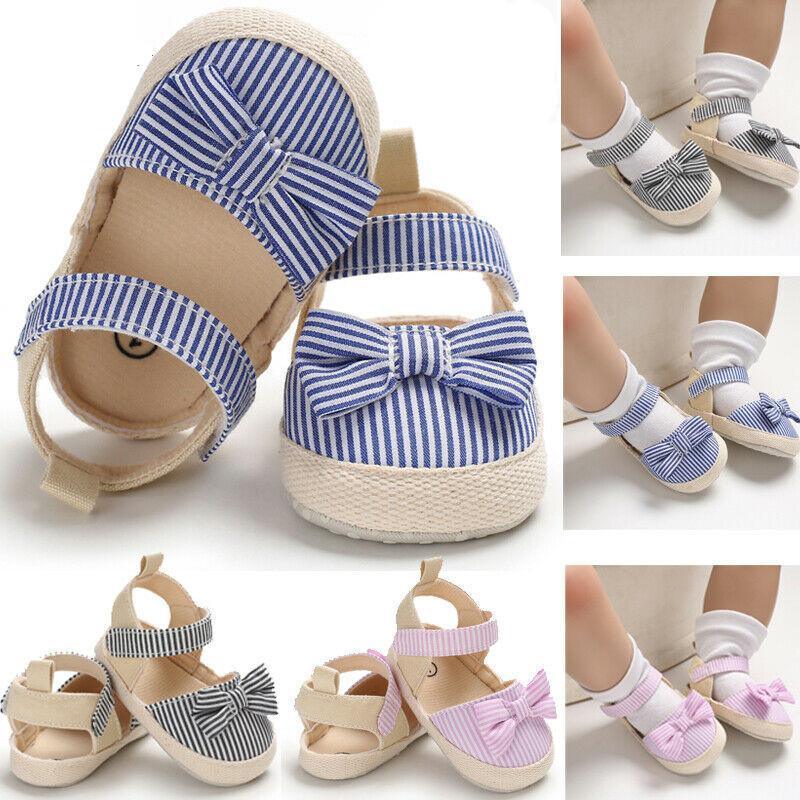 Newborn Infant Baby Summer Shoes Soft Crib Shoes Infants Anti-slip  Striped Bowknot Pre Walker Sandals - LittleLullabyLoft