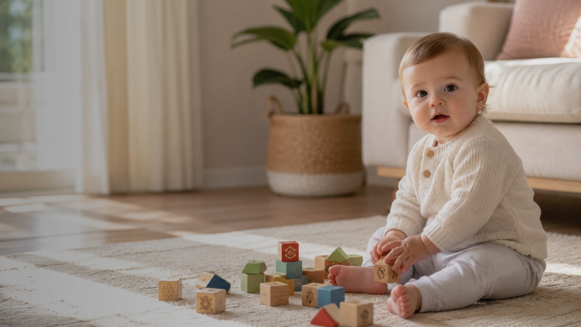 Baby playing with colorful blocks on a rug in a living room.