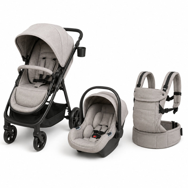 Set of gray baby stroller, car seat, and carrier on a white background