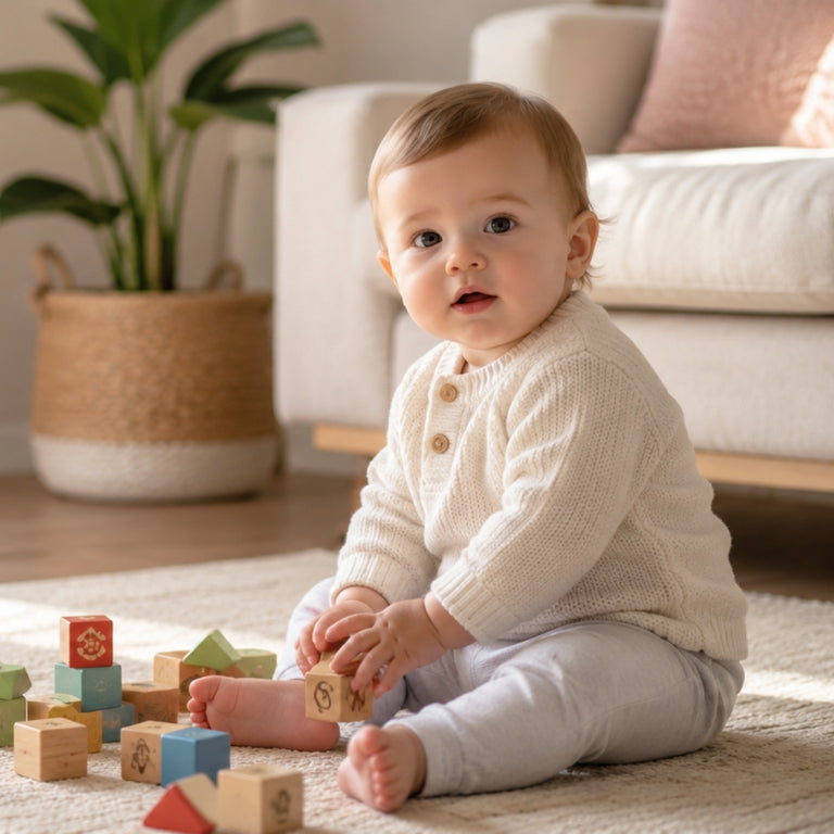 Baby playing with colorful blocks on a rug in a living room.