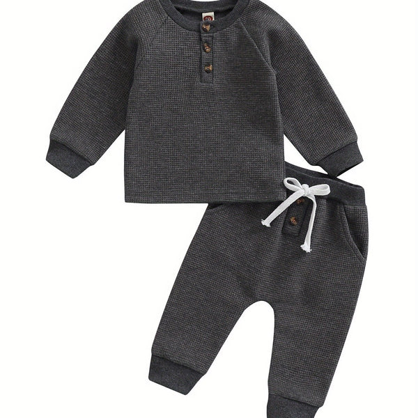 Toddler Thick Waffle Button Round Neck Clothing Set