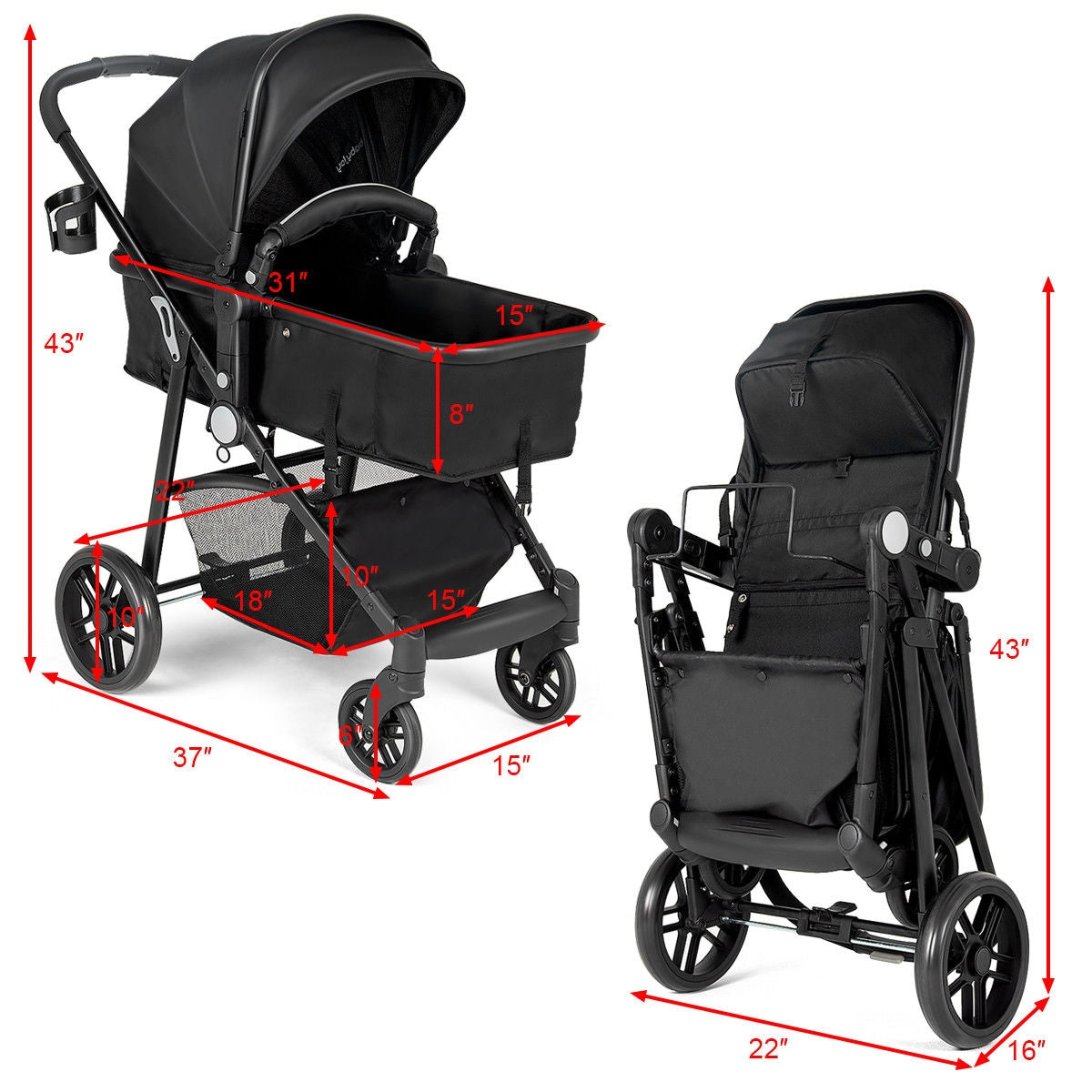 2-in-1 Foldable Pushchair Newborn Infant Baby Stroller - LittleLullabyLoft