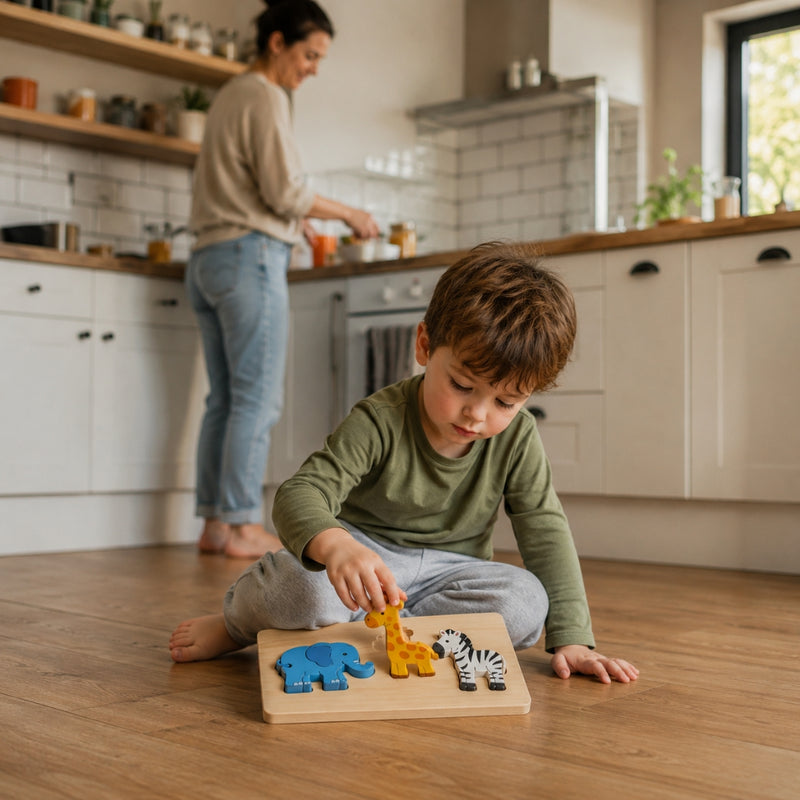 Child playing with animal figurines on a wooden board in a kitchen.