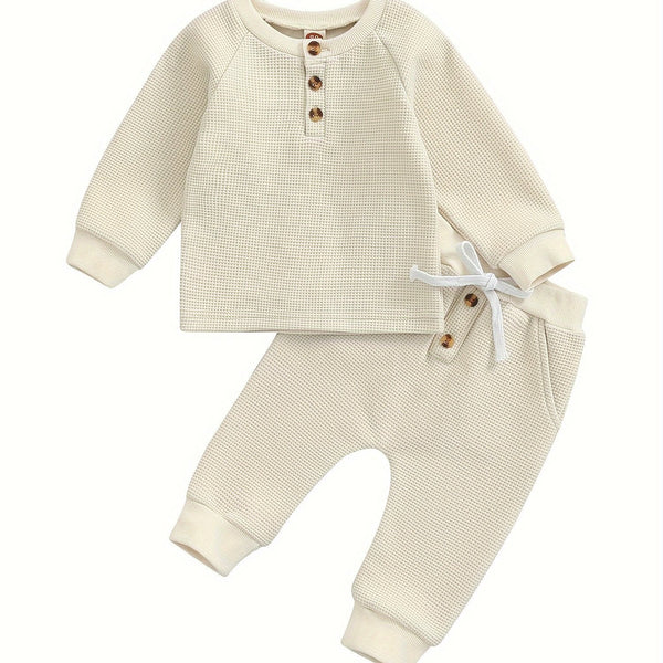 Toddler Thick Waffle Button Round Neck Clothing Set