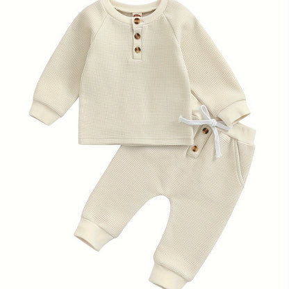 Toddler Thick Waffle Button Round Neck Clothing Set - LittleLullabyLoft