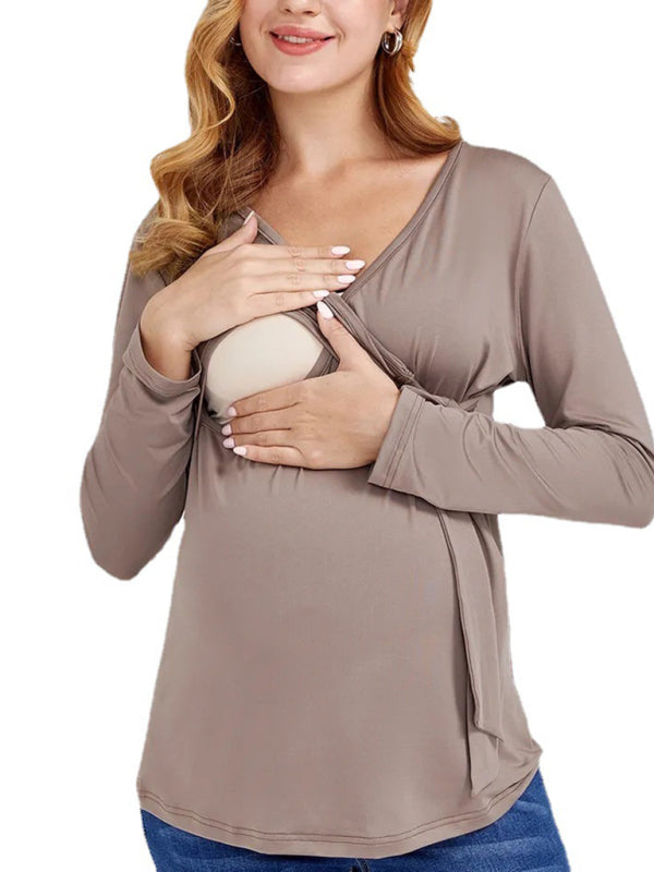 Solid V-Neck Long Sleeve Nursing Maternity Dress for Mothers