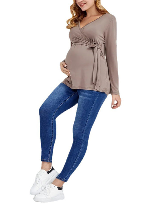 Solid V-Neck Long Sleeve Nursing Maternity Dress for Mothers