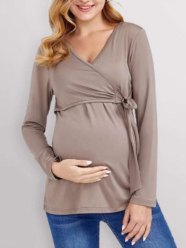 Solid V-Neck Long Sleeve Nursing Maternity Dress for Mothers