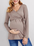 Solid V-Neck Long Sleeve Nursing Maternity Dress for Mothers - LittleLullabyLoft