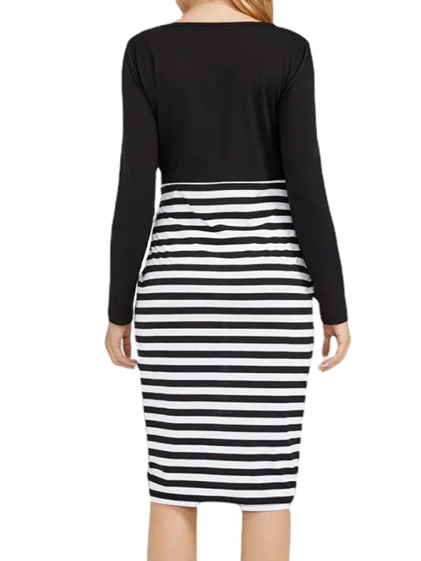 Long Sleeve Striped Knit Maternity Dress Round Neck