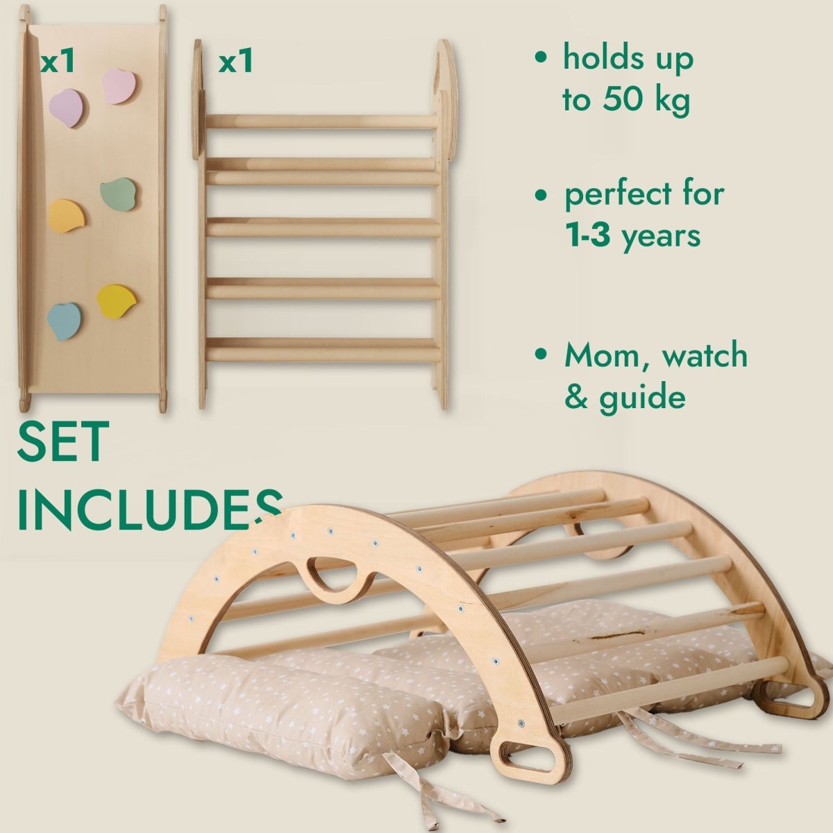 4in1 Montessori Climbing Set: Pikler Triangle, Arch, Slide Board, and Cushion for Toddlers (1–3 Years) - LittleLullabyLoft