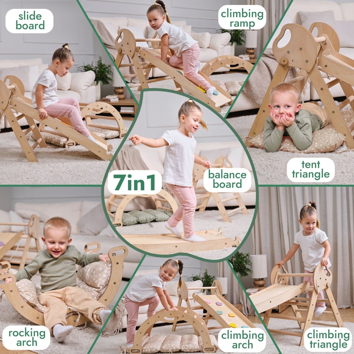4in1 Montessori Climbing Set: Pikler Triangle, Arch, Slide Board, and Cushion for Toddlers (1–3 Years) - LittleLullabyLoft