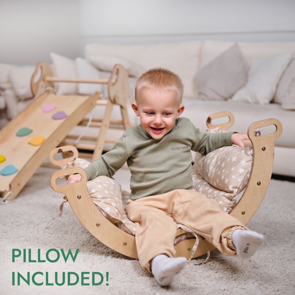 4in1 Montessori Climbing Set: Pikler Triangle, Arch, Slide Board, and Cushion for Toddlers (1–3 Years) - LittleLullabyLoft