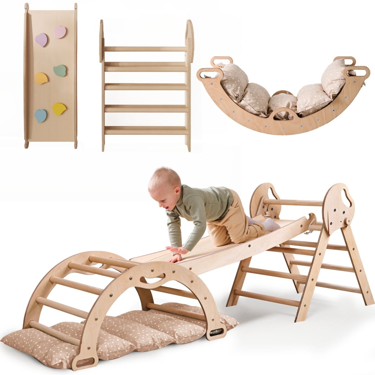 4in1 Montessori Climbing Set: Pikler Triangle, Arch, Slide Board, and Cushion for Toddlers (1–3 Years) - LittleLullabyLoft