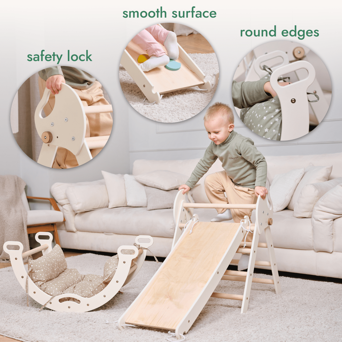 4in1 Montessori Climbing Set: Pikler Triangle, Arch, Slide Board, and Cushion for Toddlers (1–3 Years) - LittleLullabyLoft