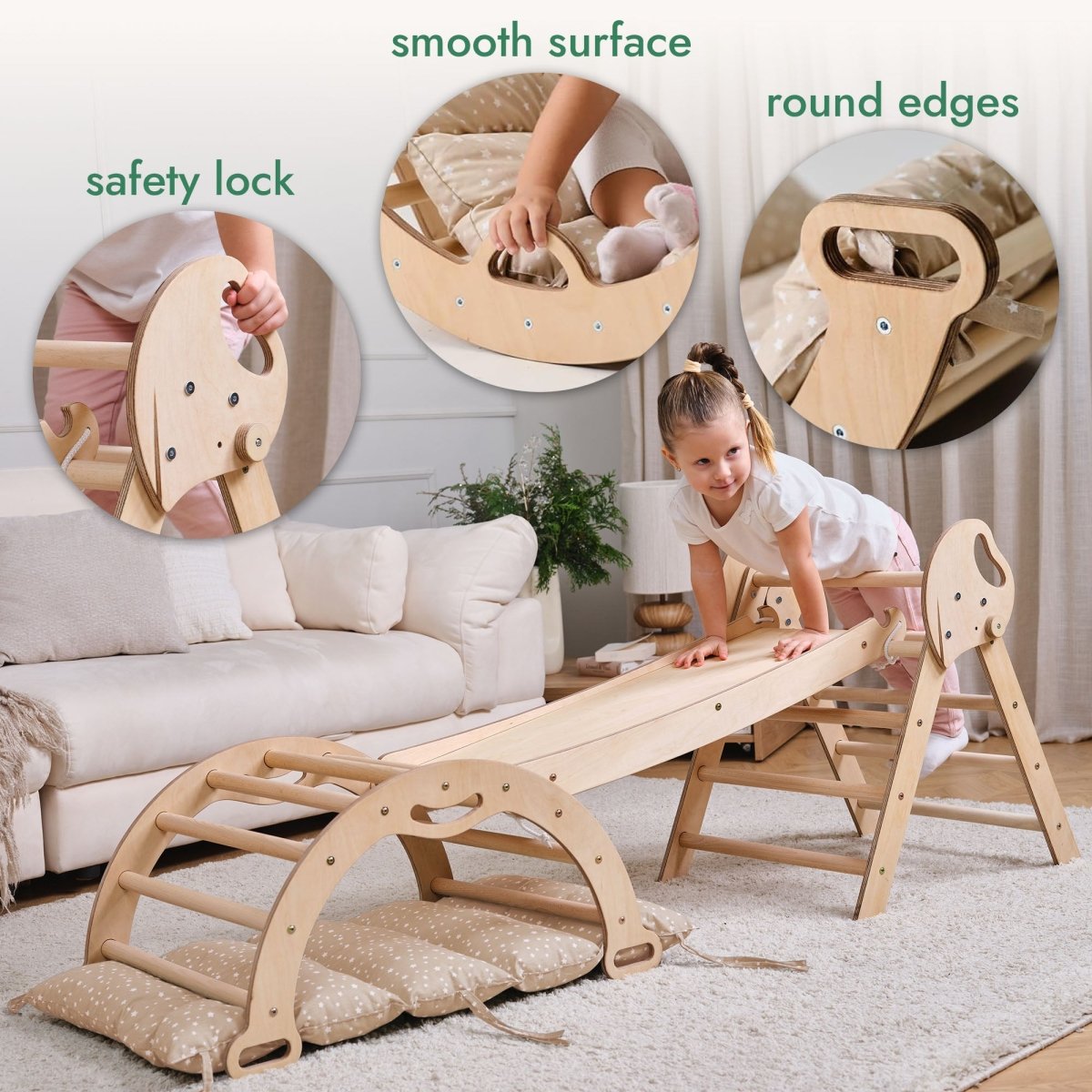4in1 Montessori Climbing Set: Pikler Triangle, Arch, Slide Board, and Cushion for Toddlers (1–3 Years) - LittleLullabyLoft