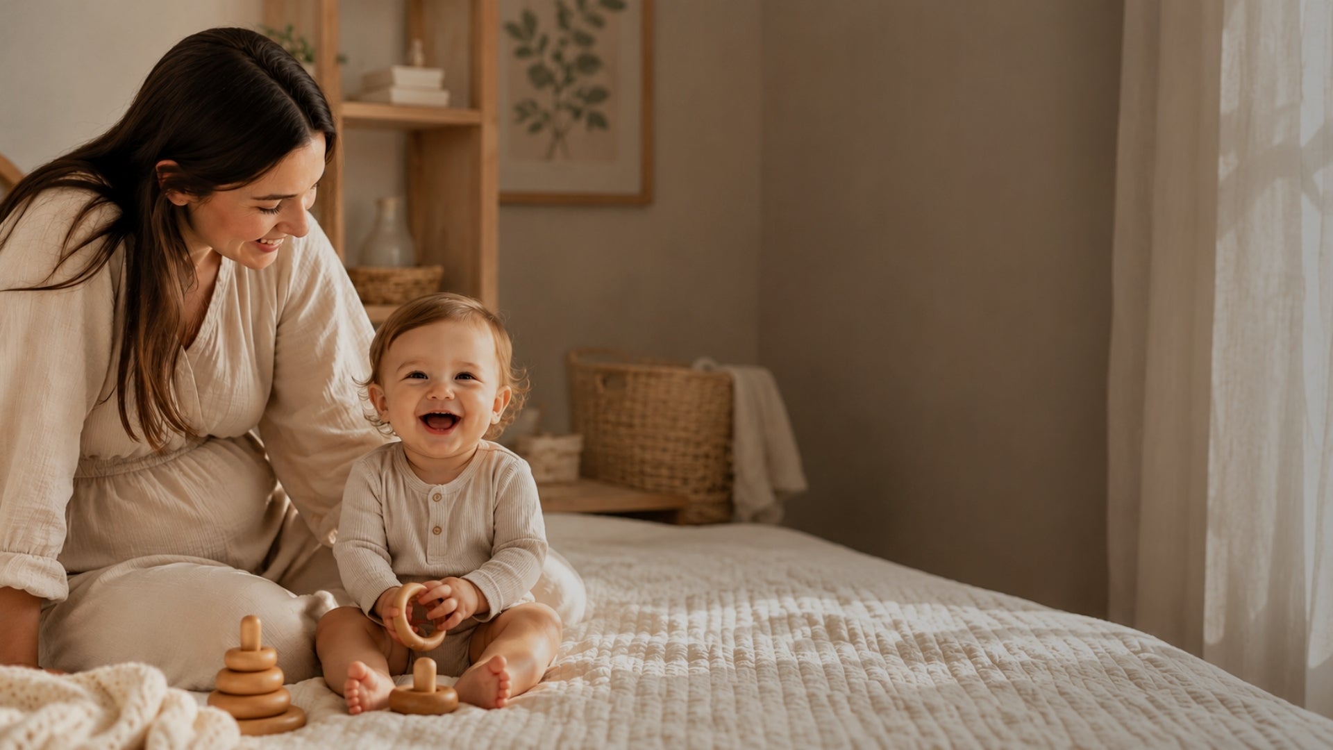 Woman and child sitting on a bed in a cozy room with toys around