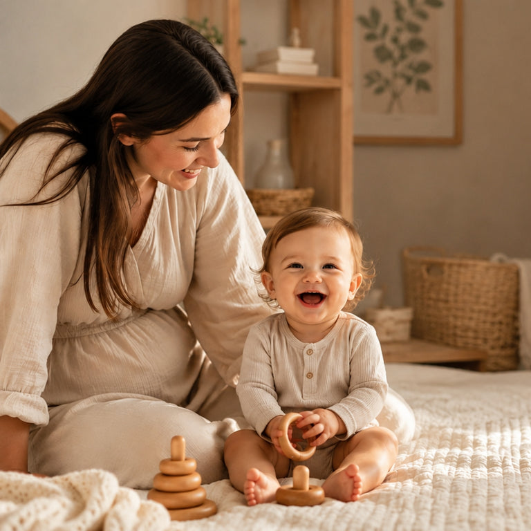 Woman and child sitting on a bed in a cozy room with toys around