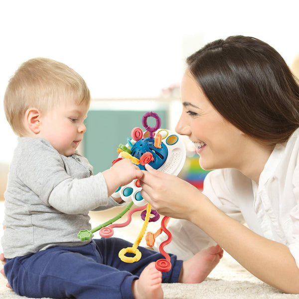 Thremhoo Montessori Silicone Baby Pull String Toy Toddler Red Blue Multi-color