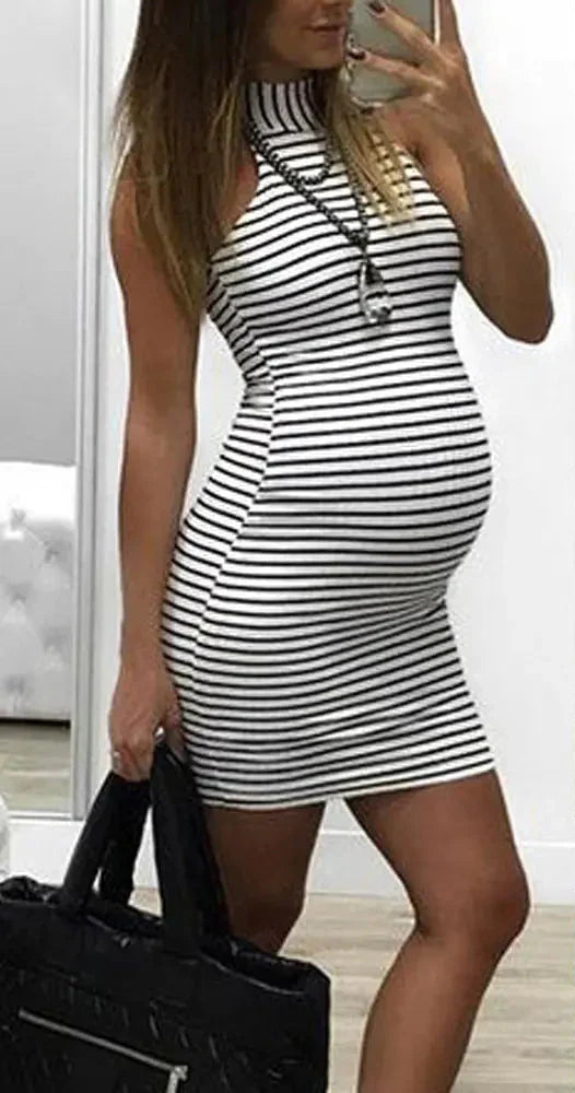 Striped Halter Neck Maternity Dress for Expecting Mothers