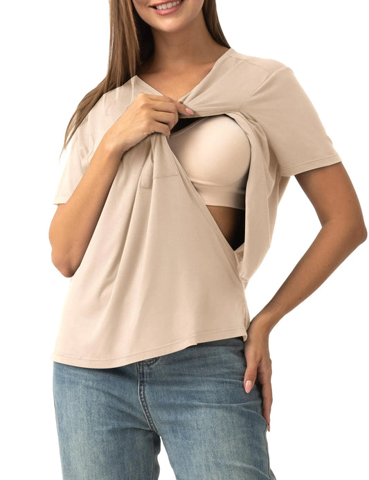 SUNNYBUY Women's Nursing Tops | Breastfeeding Cover | Short Sleeves Maternity Tee Shirts | Double Layer Postpartum Clothes | Apricot | S - # NURSGA11110111 - LittleLullabyLoft