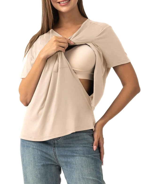 SUNNYBUY Women's Nursing Tops | Breastfeeding Cover | Short Sleeves Maternity Tee Shirts | Double Layer Postpartum Clothes | Apricot | S - # NURSGA11110111