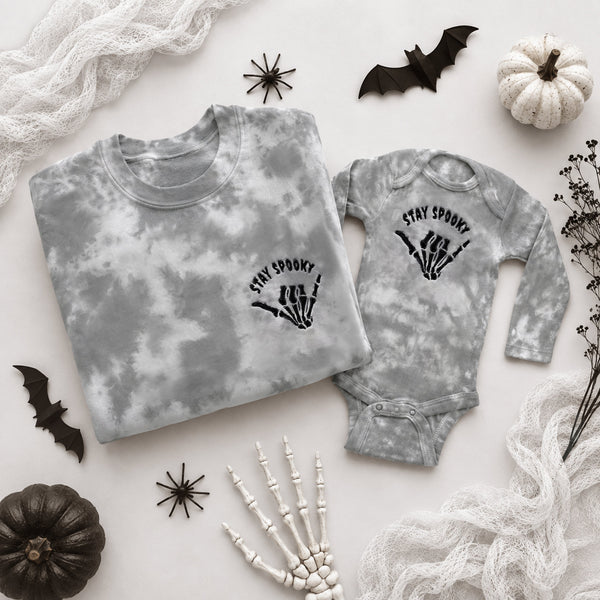 Stay Spooky Tie Dye Halloween Sweatshirt | Matching Family Halloween Outfits | Embroidered Skeleton Crewneck