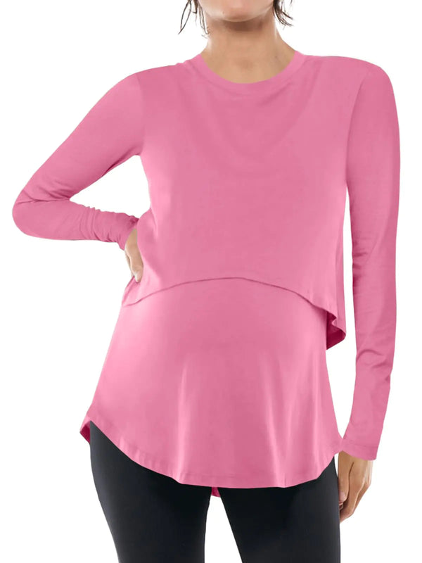 Women's Maternity Nursing Tops | Casual Long Sleeve Double Layer Breastfeeding Shirt | Pregnancy Clothes | Pink - # NURSGA11110110