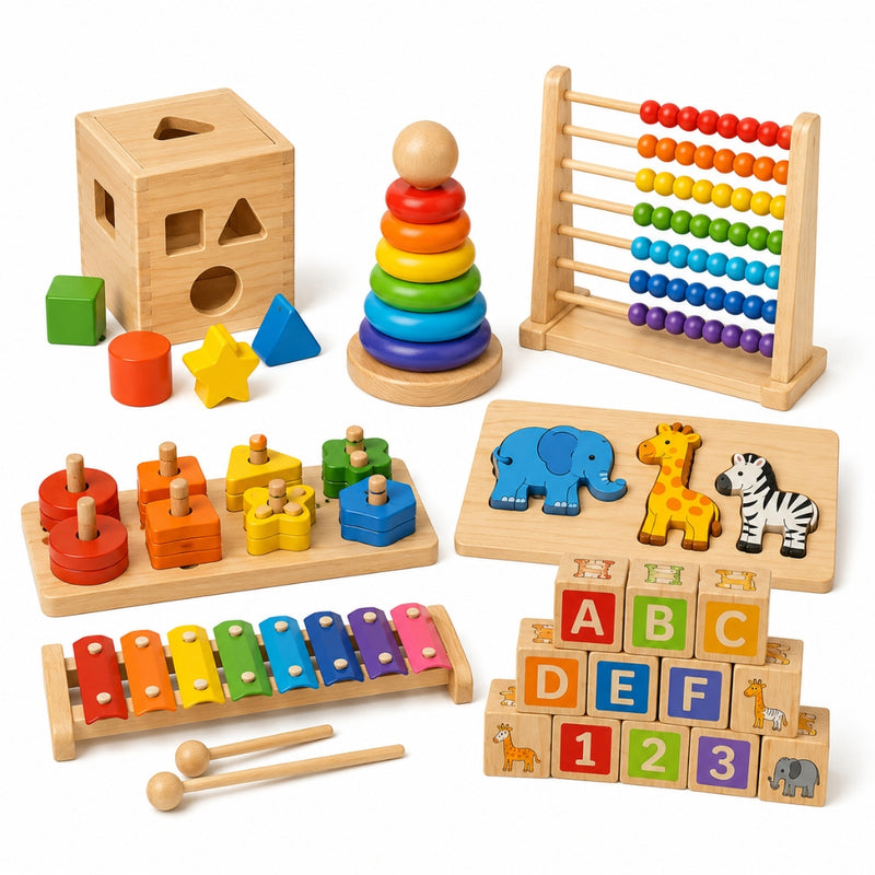 Assorted wooden educational toys on a white background
